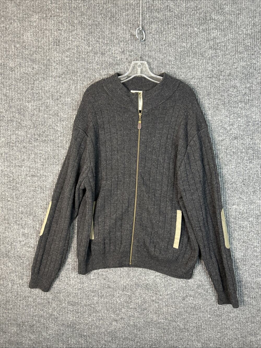 Orvis Mens Full Zip Wool Sweater Size XL Gray Ribbed Elbow Patches Field Preppy